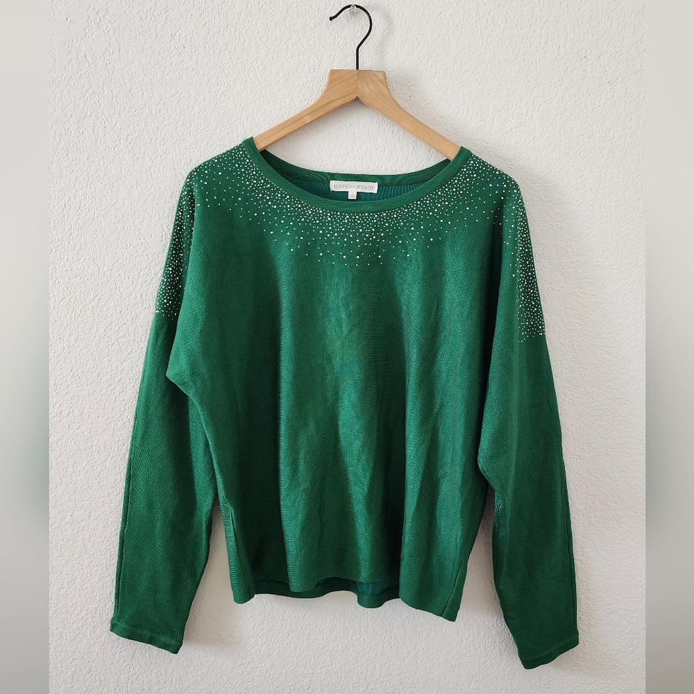 Women’s Large Emerald Green Rhinestone Cold Shoulder Holiday Sweater